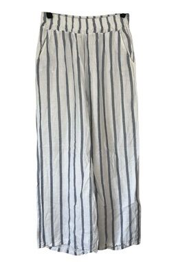 Made in Italy White Blue Stripe Linen Pants Elastic Waist Pockets XS 0-2 Coastal